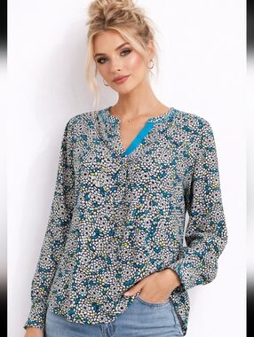 Womens Worthington Blue Floral V-Neck Blouse ( Size:2x)
